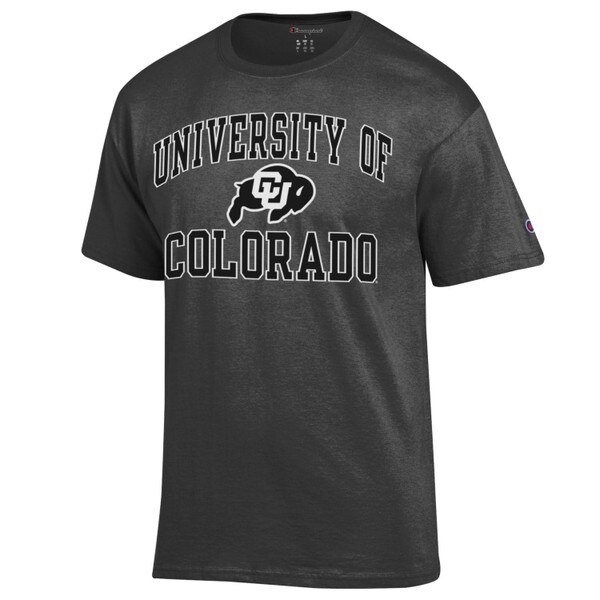 A dark gray Champion short sleeve t-shirt with CU Buffalo logo and 'University of Colorado'.